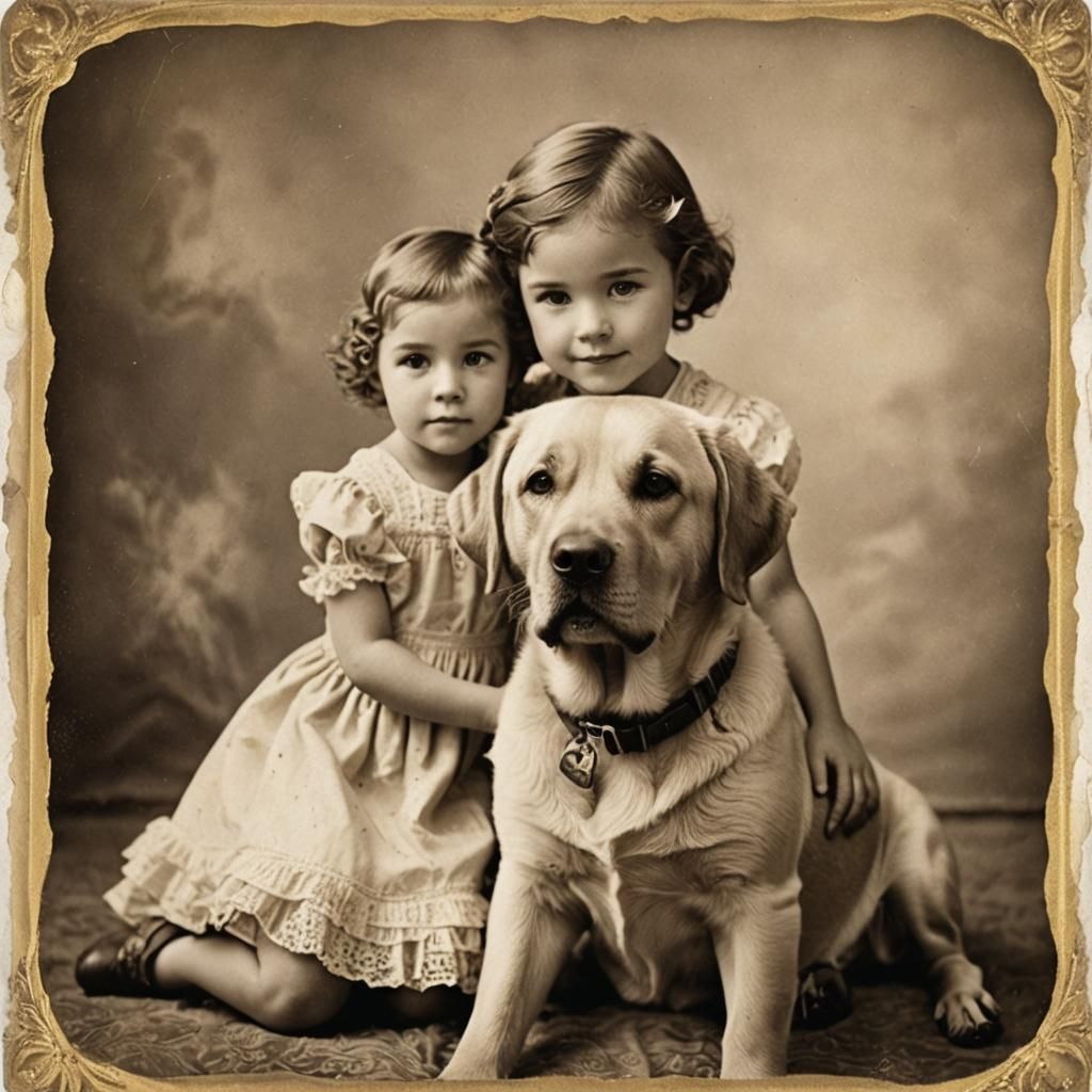 Vintage Sepia Photo: Labrador and Child Portrait