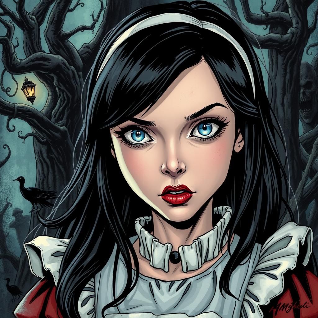 Alice in wonderland, alice, black hair, bright blue eyes, da...