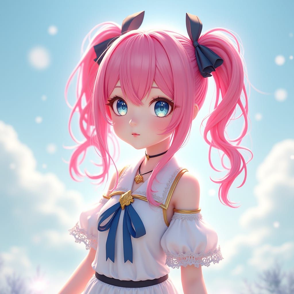 Cute Anime Girl with Pink Hair in Frilly Dress