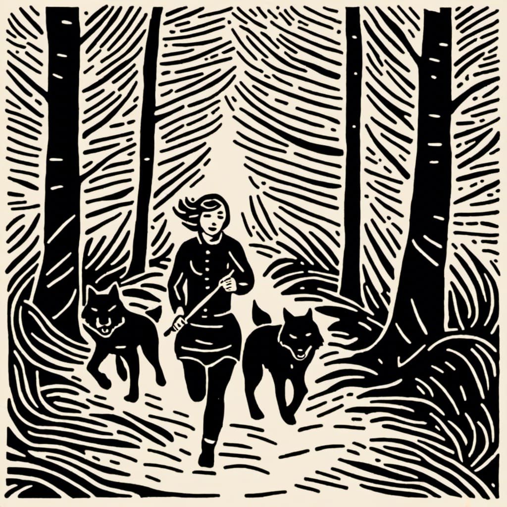 Wild Woman Runs With Wolves, Minimalist Woodcut