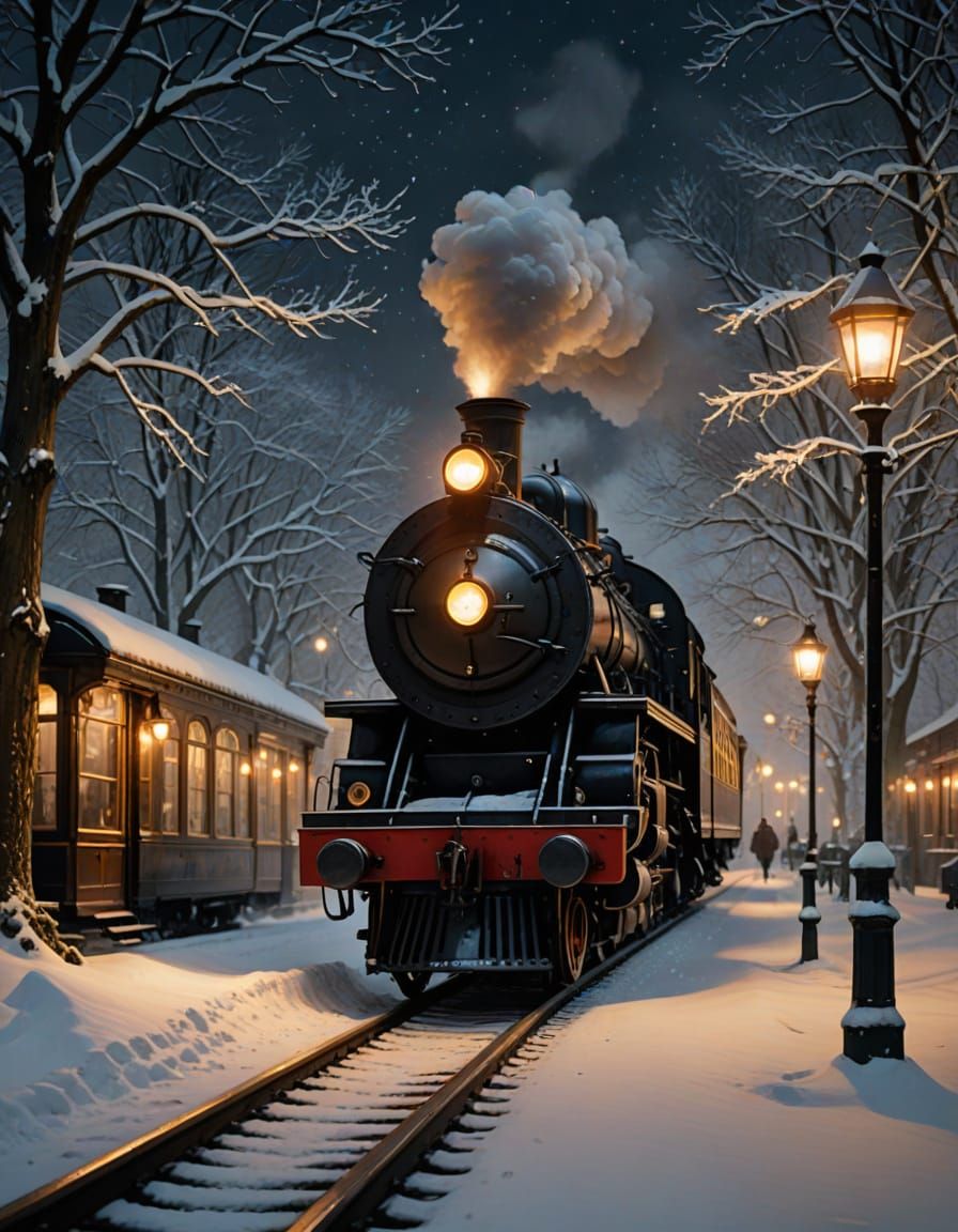 Vintage Steam Train in Snowy Station at Night