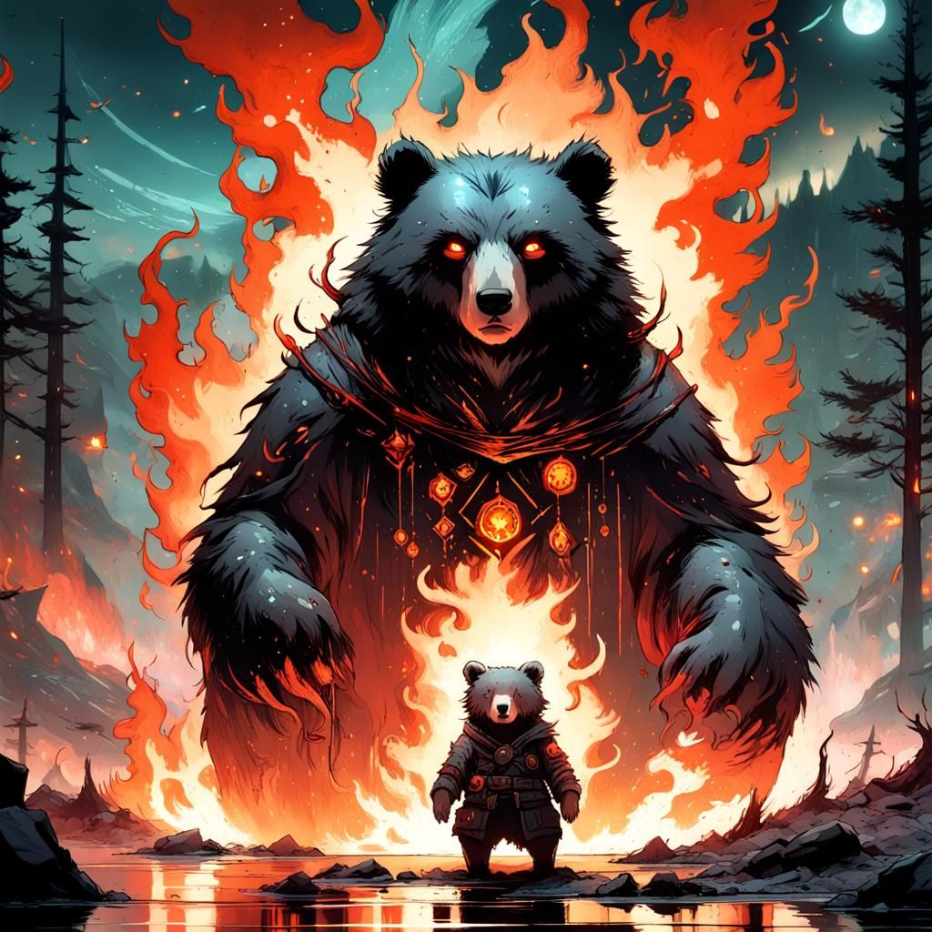 Anime Bear Warlock with Fire Spells in Space