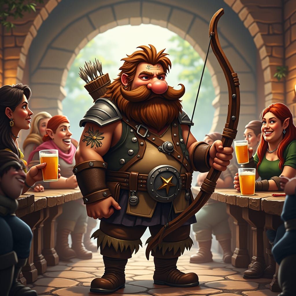 Dwarf Ranger with Oversized Bow in Lively Tavern
