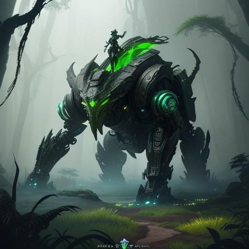 Robot Vine Warrior in Misty Forest: Digital Art