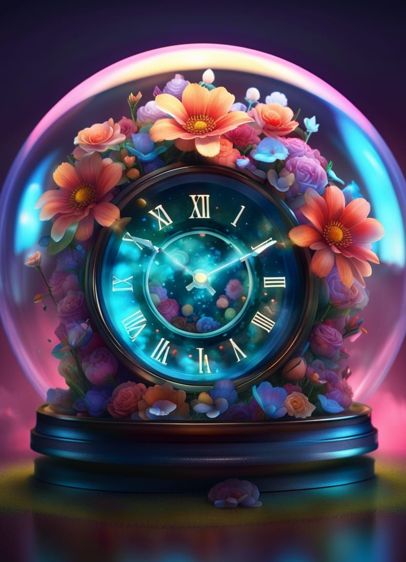 Glowing Clock with Flowers in Glass Orb