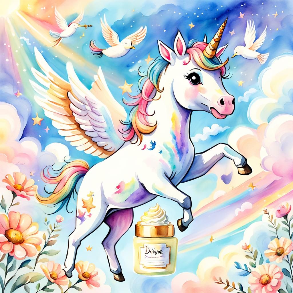 Happy Unicorn Flying in Whimsical Watercolor Landscape