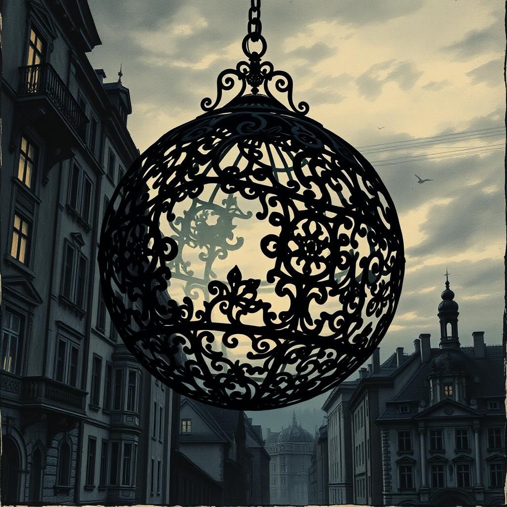 Eerie Cityscape with Ornate Metal Sphere