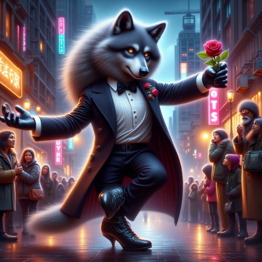 Werewolf in Tuxedo Dancing in City at Night
