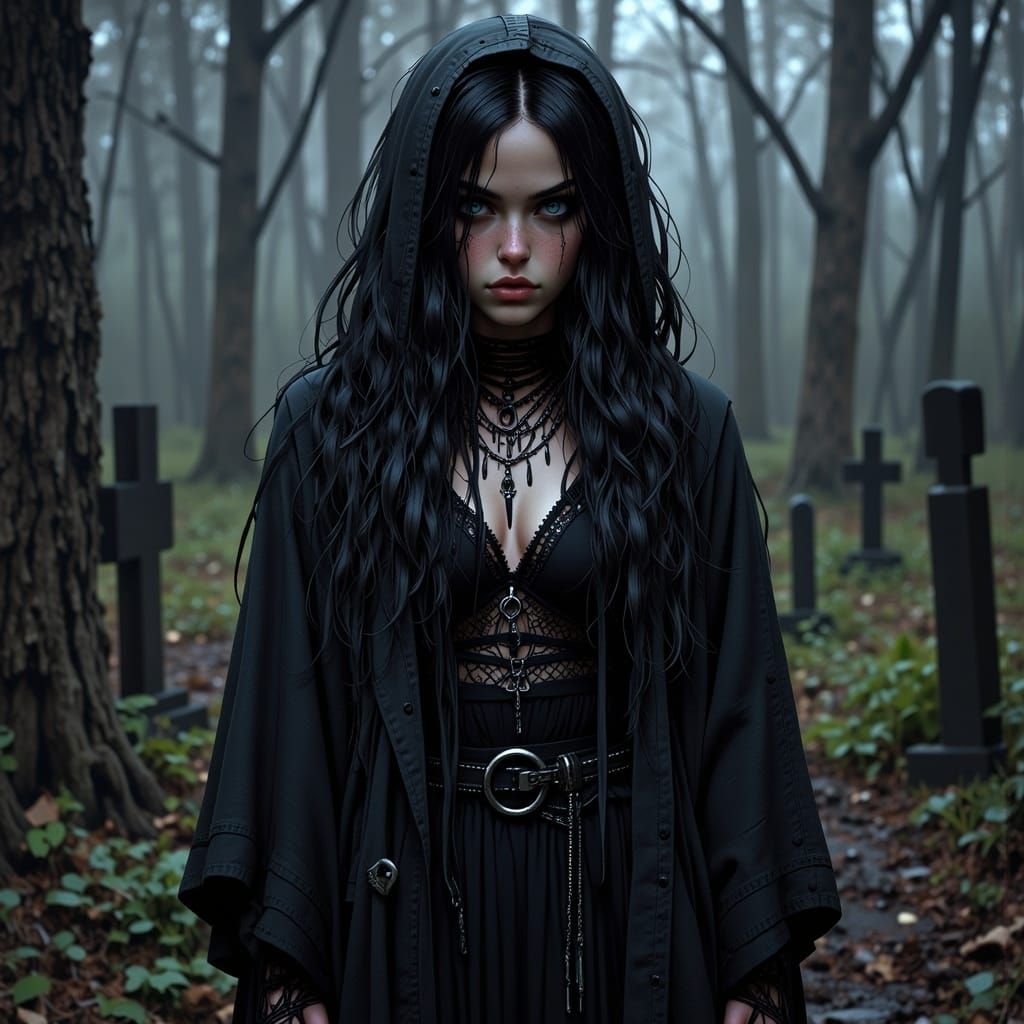 Gothic Brunette Grim Reaper in Graveyard, Hyperdetailed Art