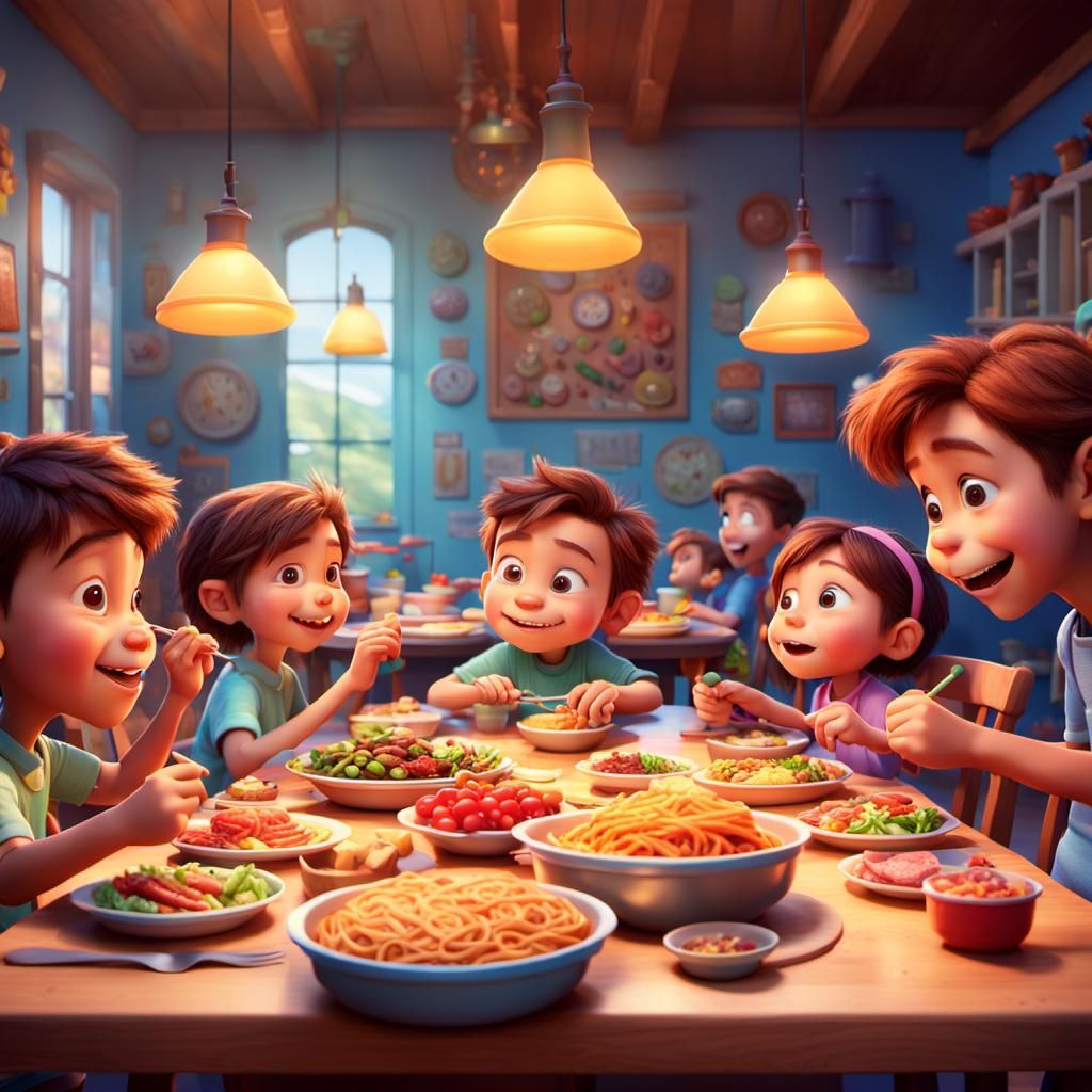 Joyful Children's Feast: Pixar-Style 3D Animation