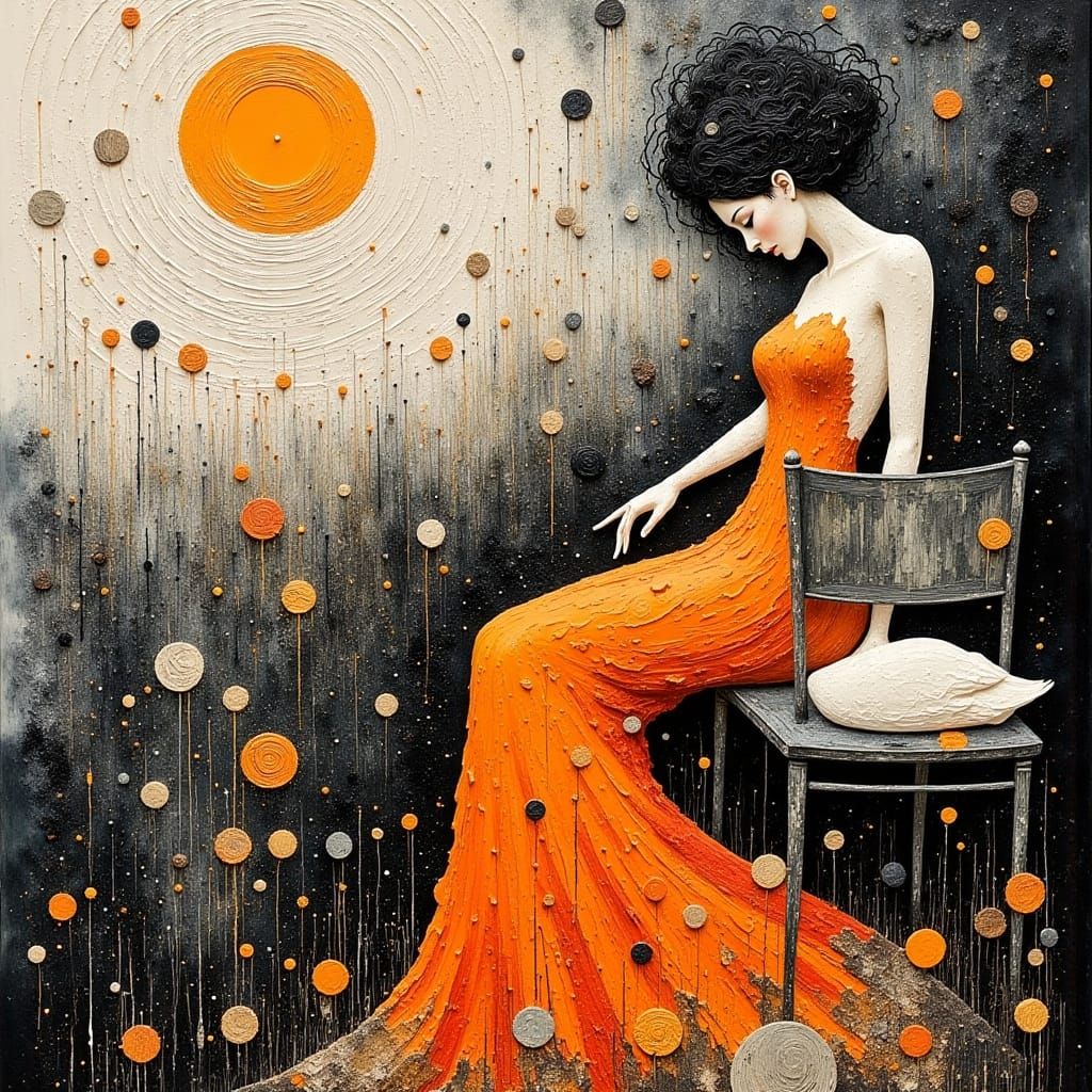 Woman in Vibrant Orange Dress with Swan and Clouds in an Abs...