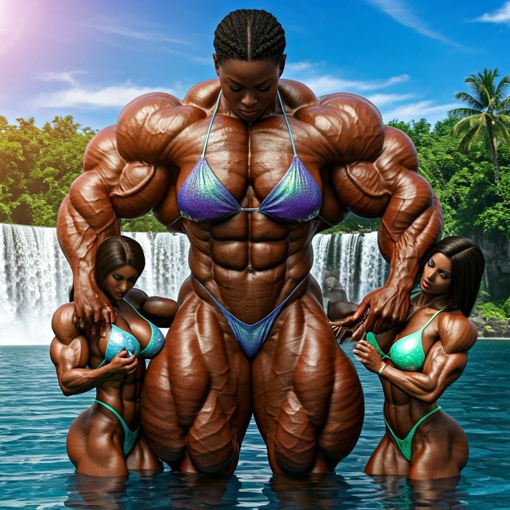 Ultra-Muscular Dark-Skinned Woman: Cinematic Tropical Scene