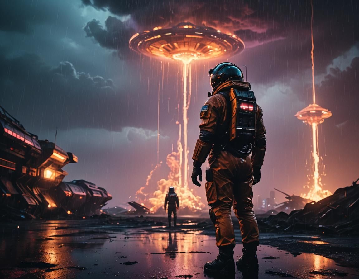 Astronaut Gazing at Burning Spaceship in Rainy Dystopia