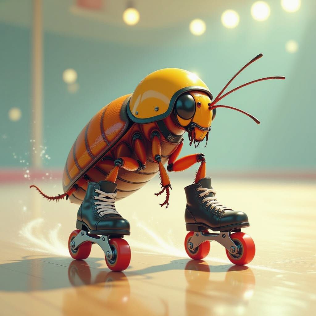 Rollerskating Cockroach in Retro-Futuristic Style
