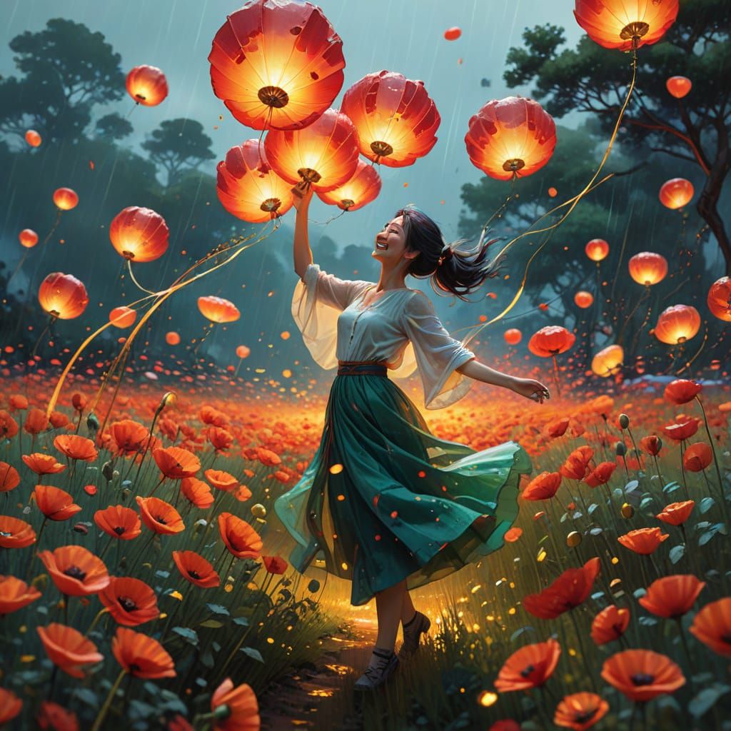 Lady with Floating Lanterns in Poppy Field
