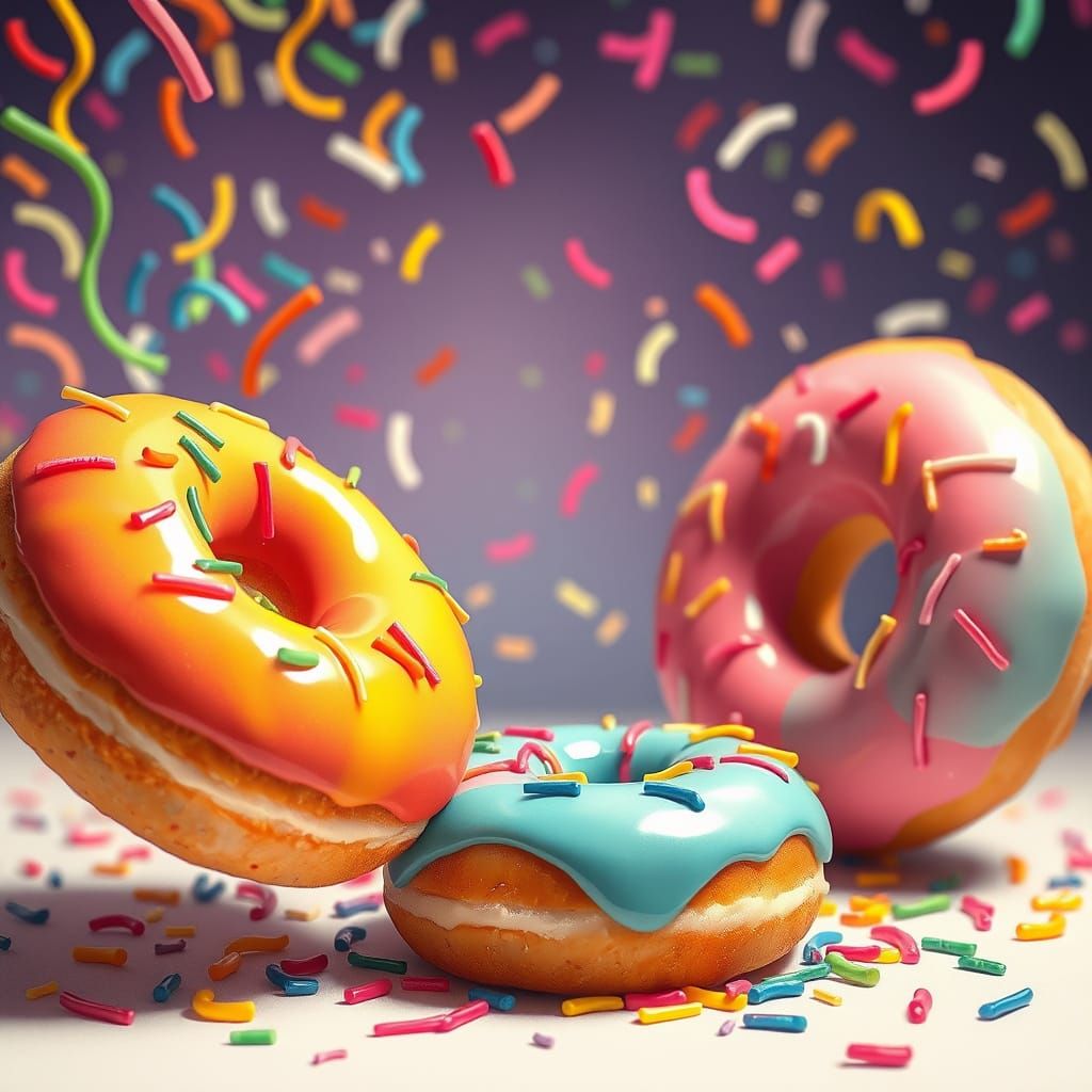 Colorful Doughnuts Shooting Sprinkles in Dreamlike Scene