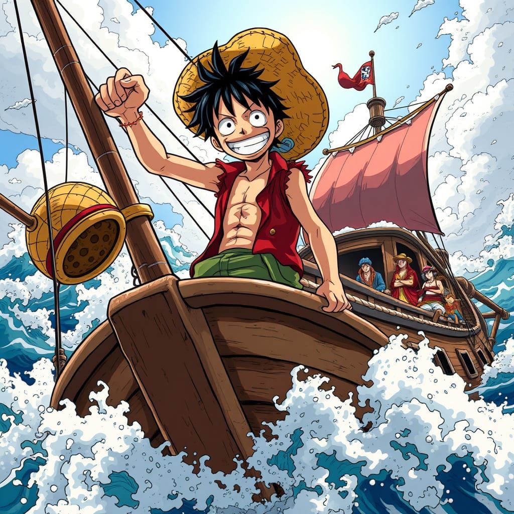 Luffy on Pirate Ship Amidst Rough Seas