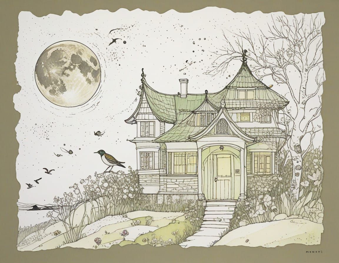 Whimsical Nighttime Scene with House Made of Natural Materia...