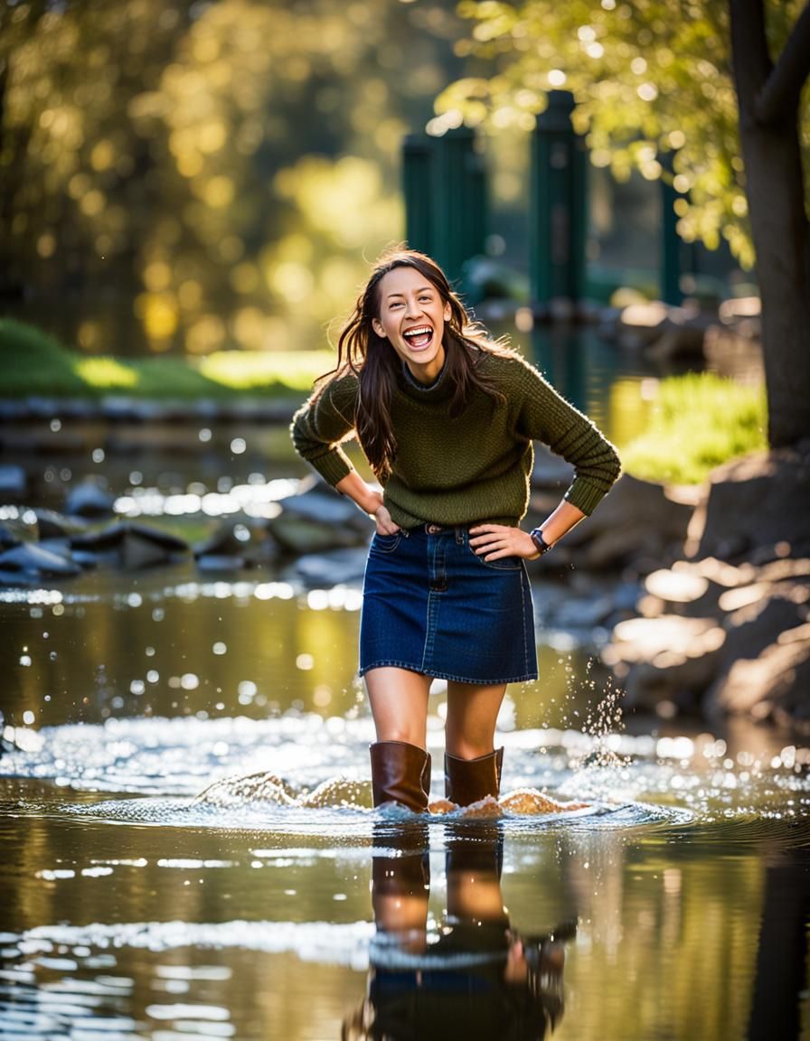 Brunette Woman Emerging Wet from Creek in Sunlight