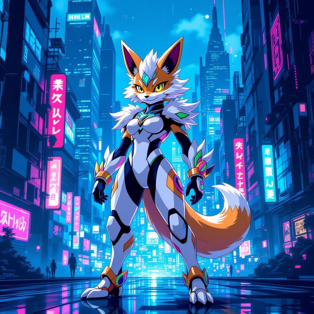 Renamon in Cyberpunk Cityscape, Digital Art