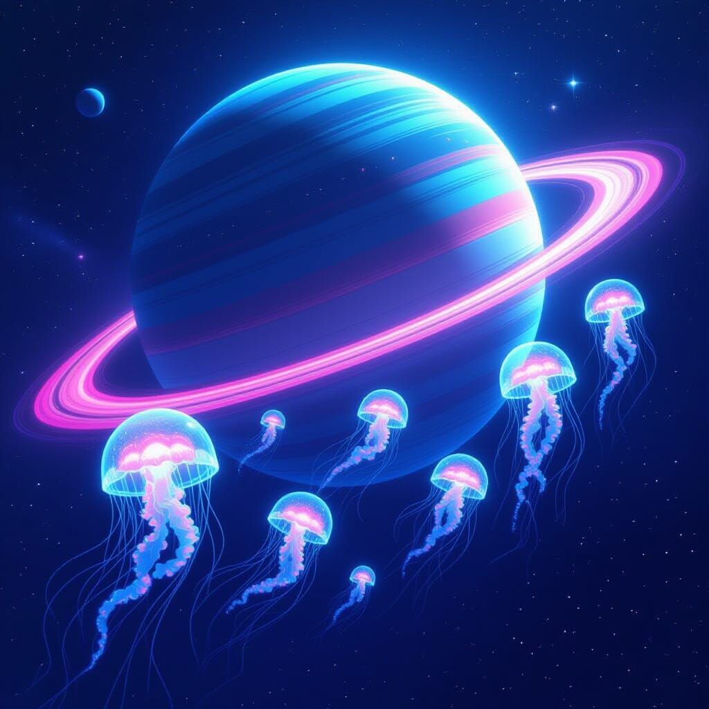 Bioluminescent Space Jellyfish Near Ringed Ice Giant