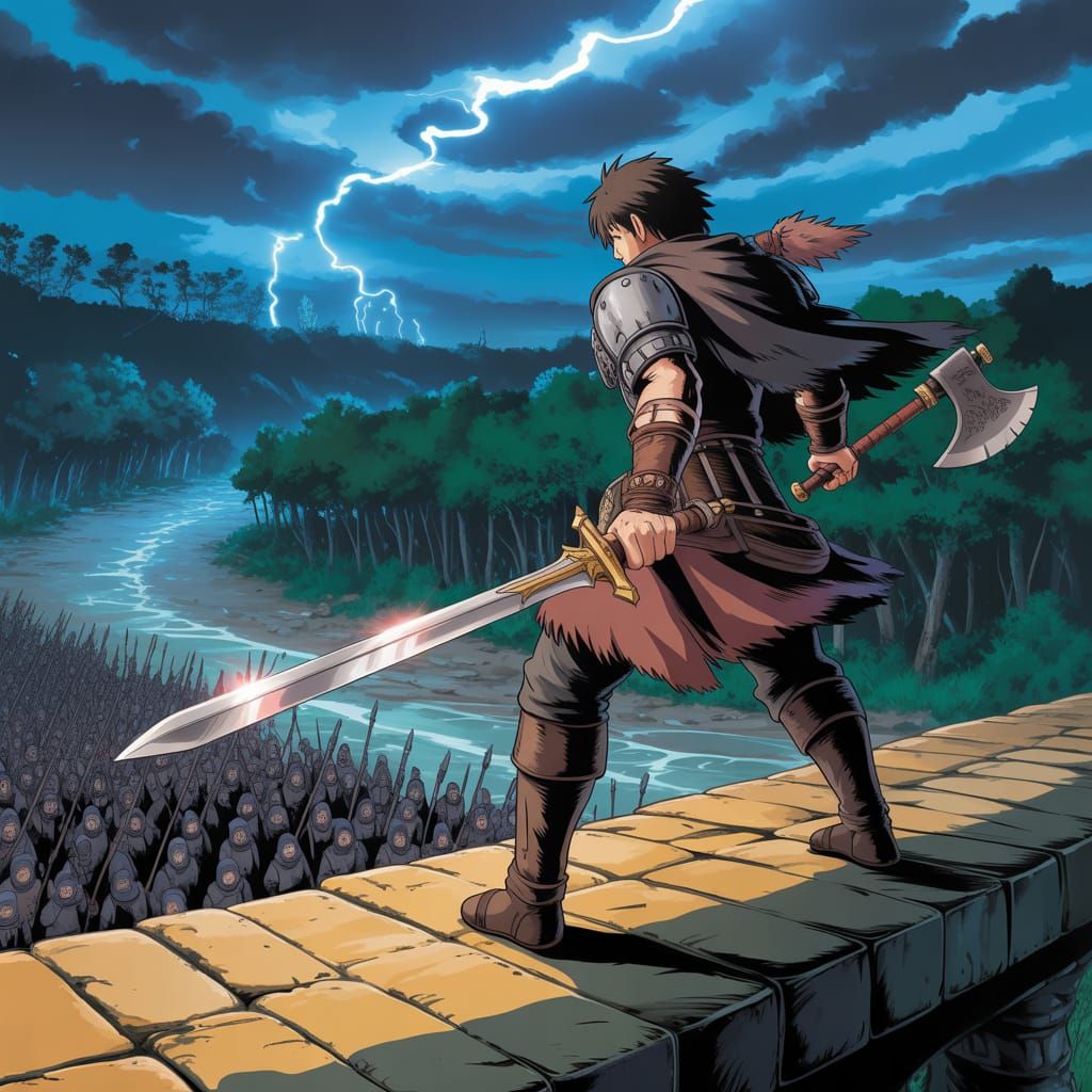 Lone Warrior Defends Ancient Bridge in Epic Anime Battle