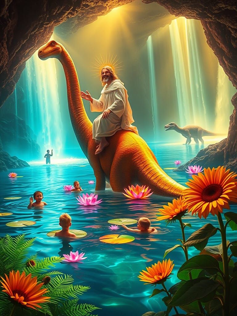 Glorified Jesus Rides a Radiant Brachiosaurus in a Neon-Lit,...