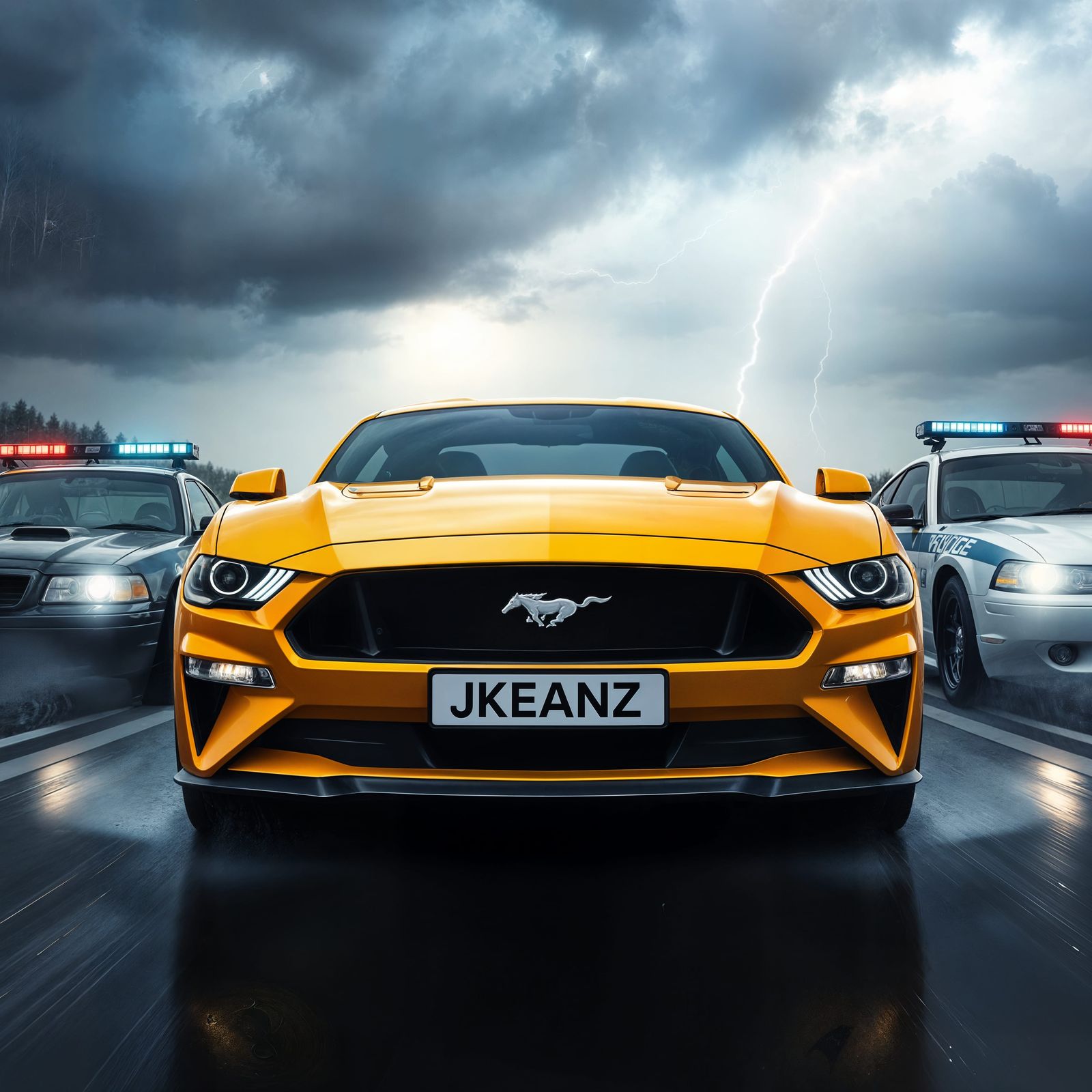 Gold Ford Mustang Logo in Storm with Police Chase