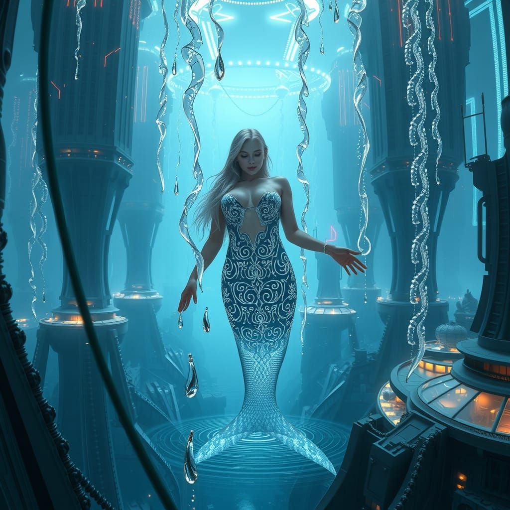 Bioluminescent Mermaid in Futuristic Underwater City