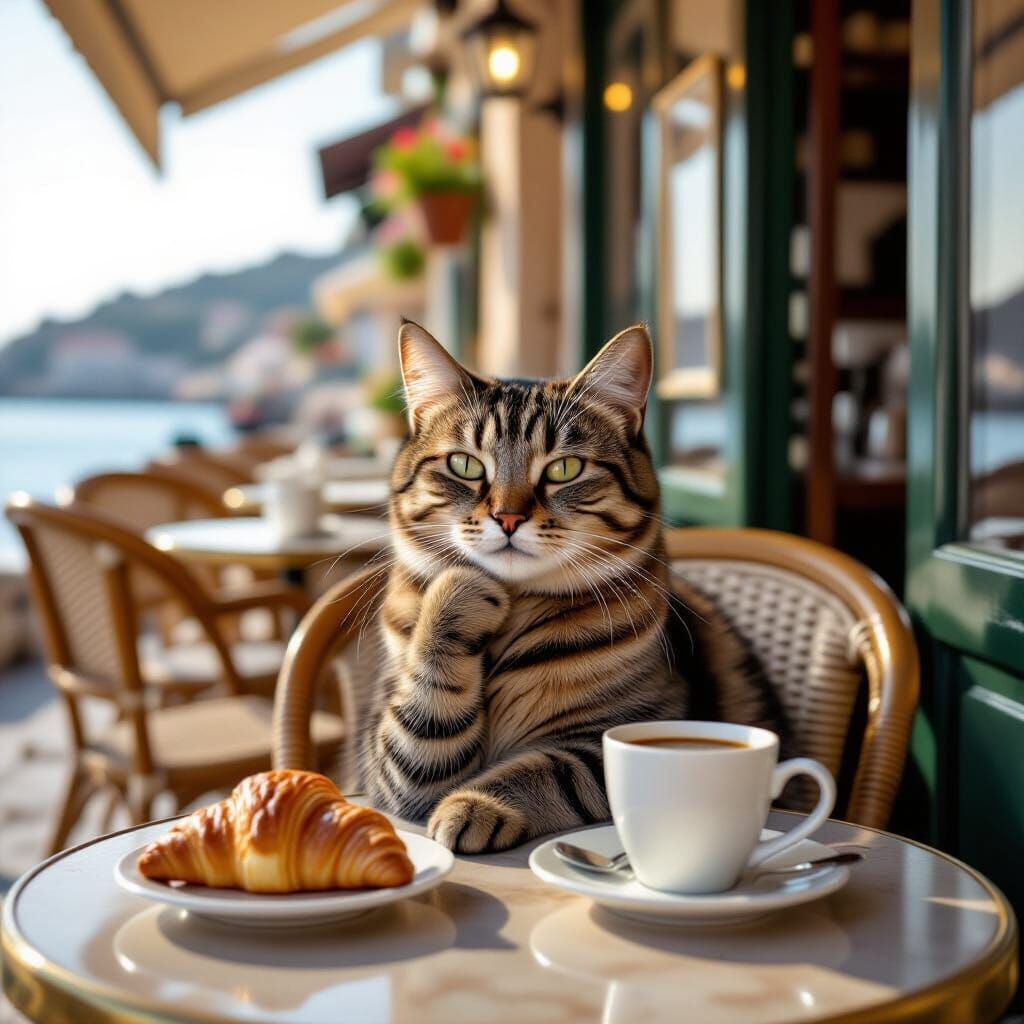 Cat Enjoying Coffee at Greek Cafe, Photorealistic Style