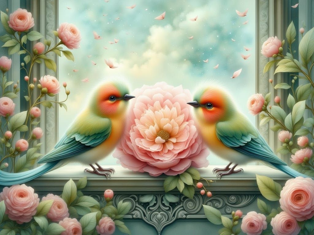 Whimsical Pastel Fantasy Flower with Love Birds