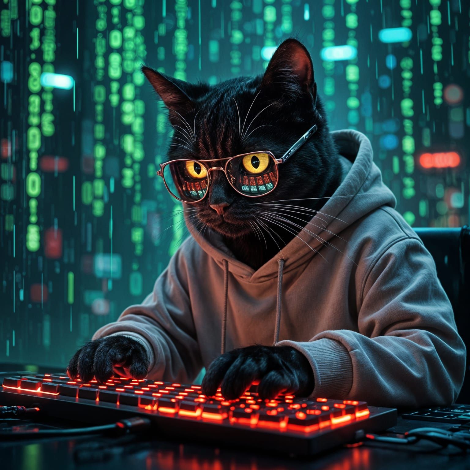 Black Cat Coder in Matrix-Inspired Scene