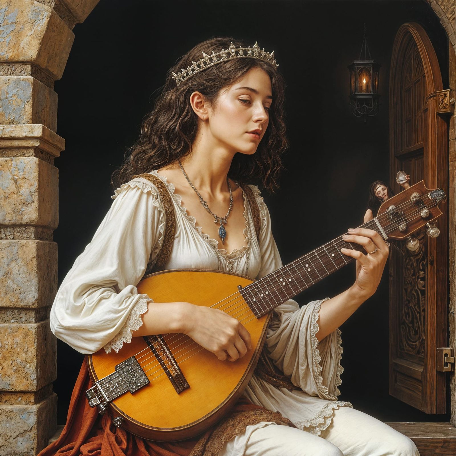 Medieval Tavern: Female Bard Lute Pastel Illustration