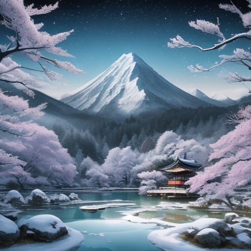 Zen Garden Sunset in Chinese Ink Painting Style