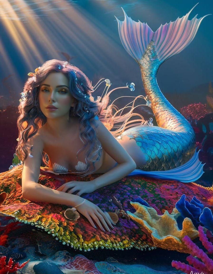 Hyperrealistic Mermaid Resting on Coral Reef in 3D