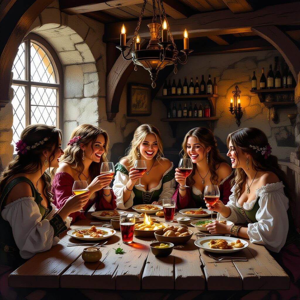 Medieval Tavern Scene: Women Eating, Drinking, and Laughing ...
