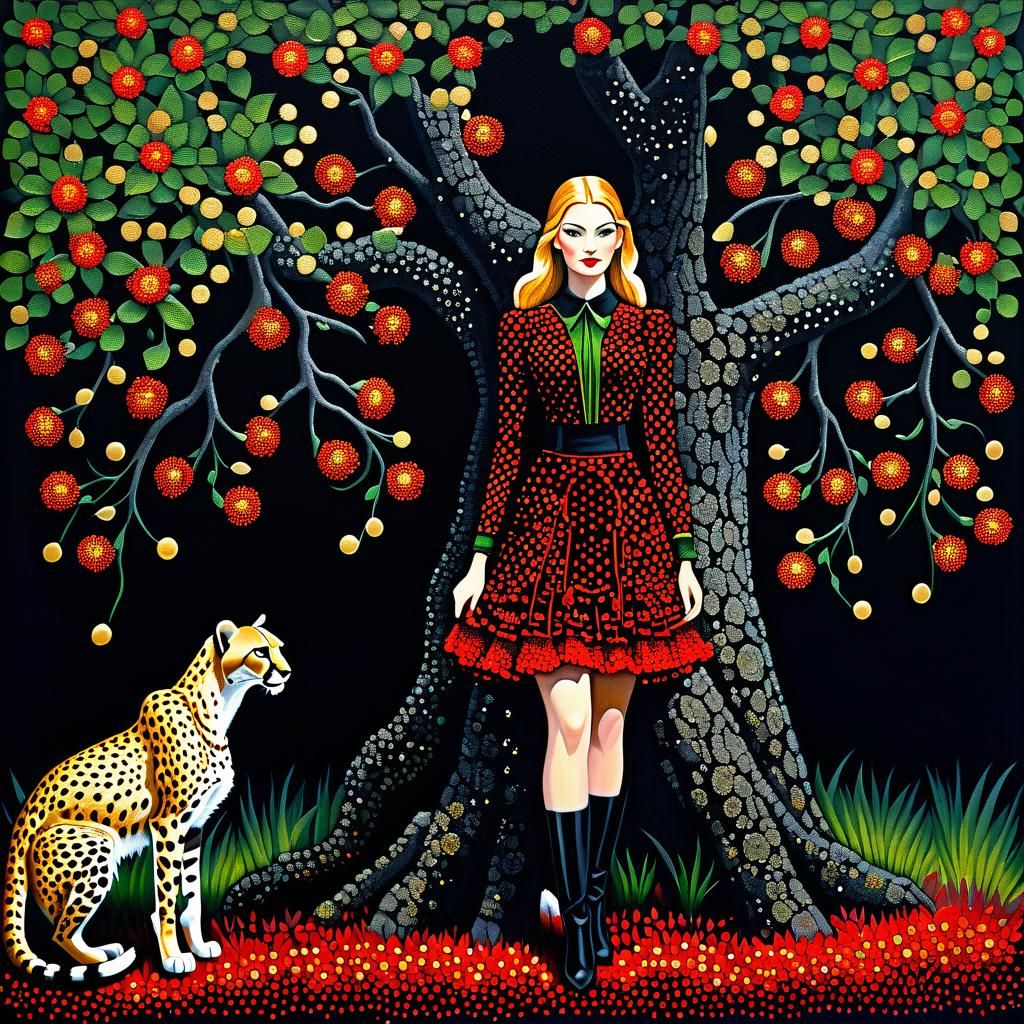 Fantasy Witch and Cheetah in Pointillism Style