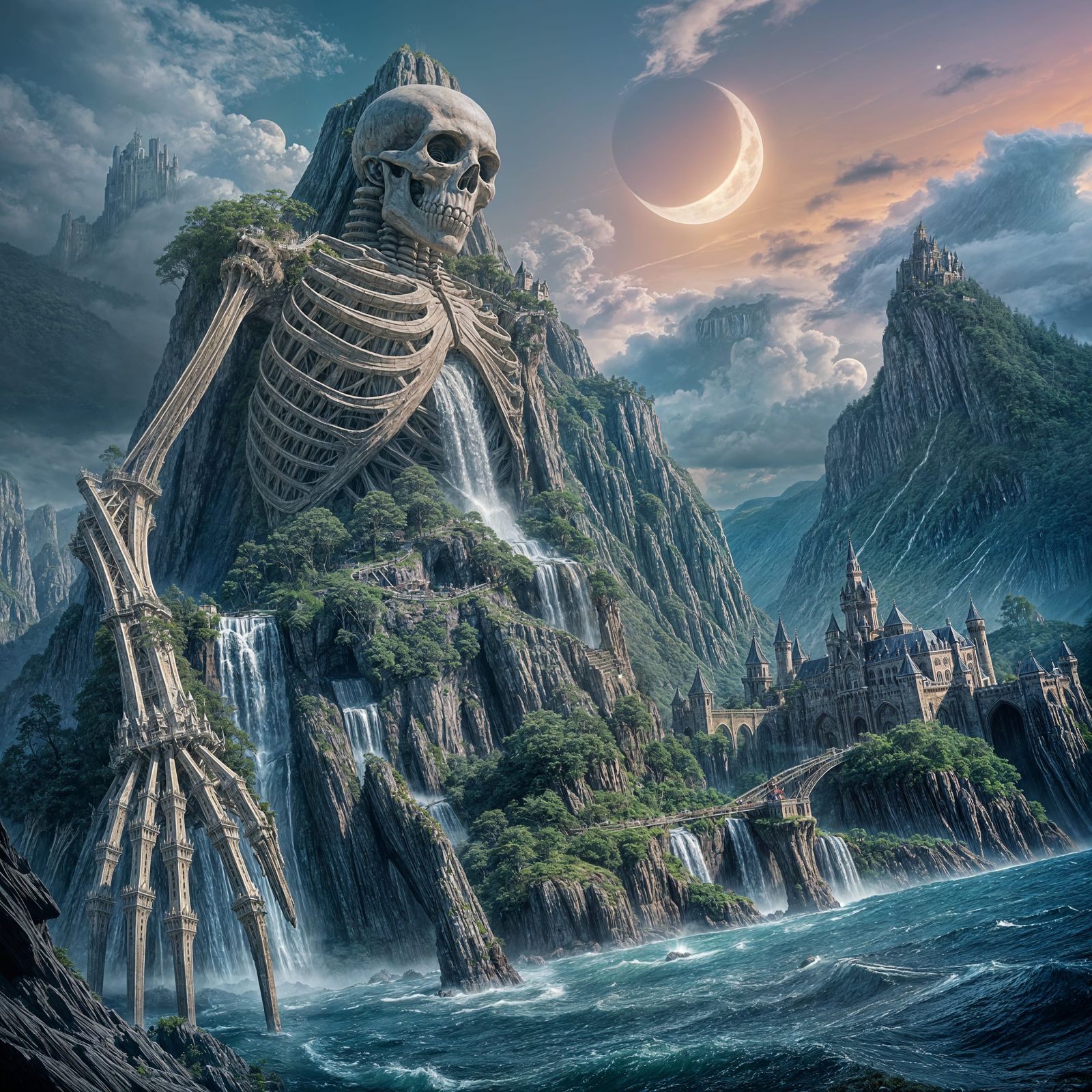 Giant Skeleton Leans Against Majestic Mountain