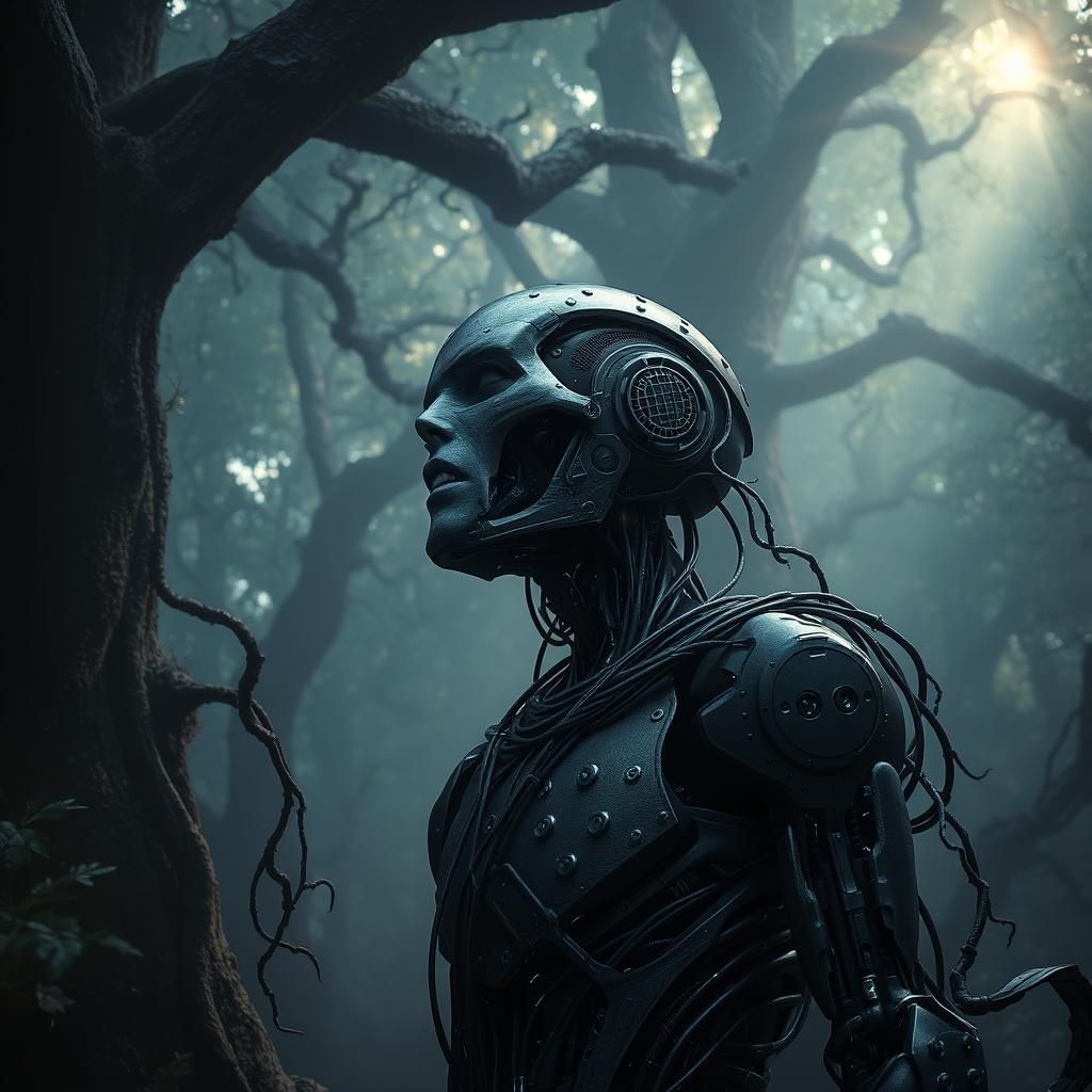 Android Crying in Dark Cyberpunk Forest