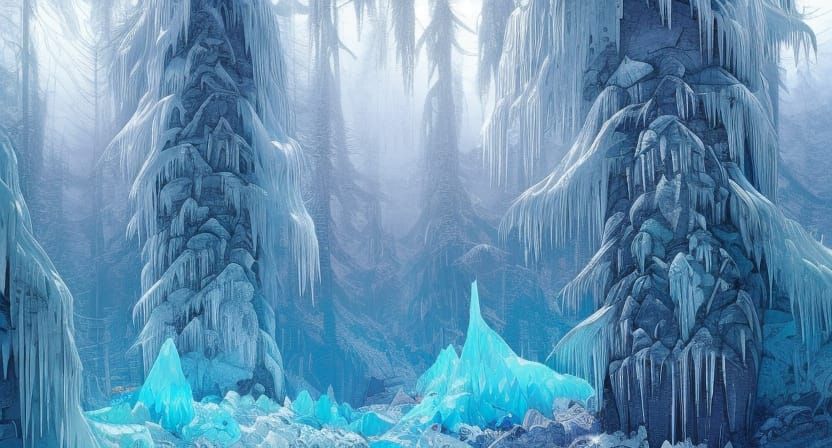 Frozen Crystal Waterfalls in Photorealistic Style
