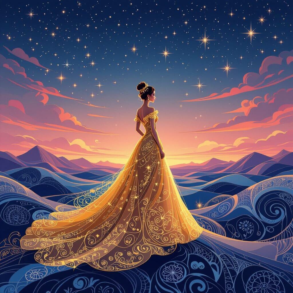 Princess in Golden Gown Under Starry Sky
