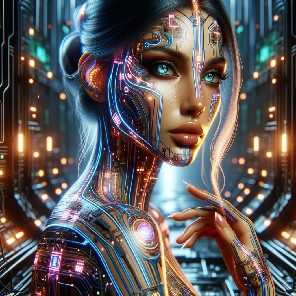 Cyberpunk Woman with Glowing Matrix Code