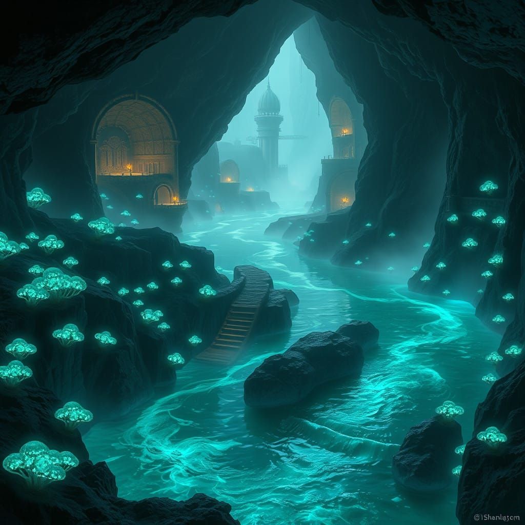 Ethereal Sinderflow River Illuminated by Glowing Fungi in An...