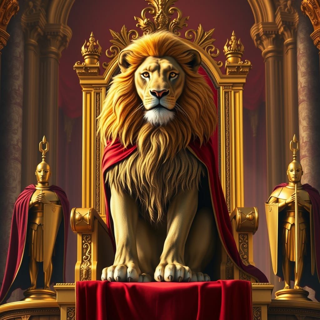 Regal Lion on Golden Throne in Opulent Castle