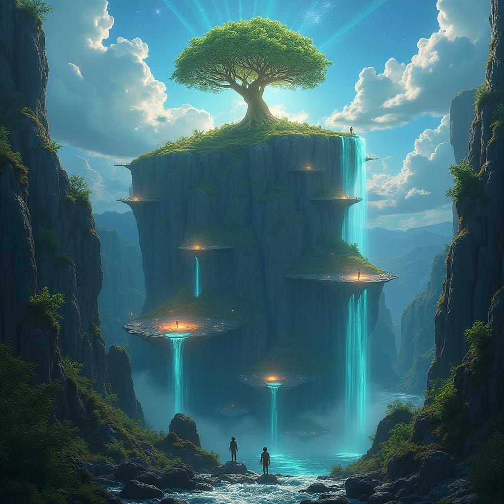 City in a Volcanic Crater Glows with Bioluminescent Life