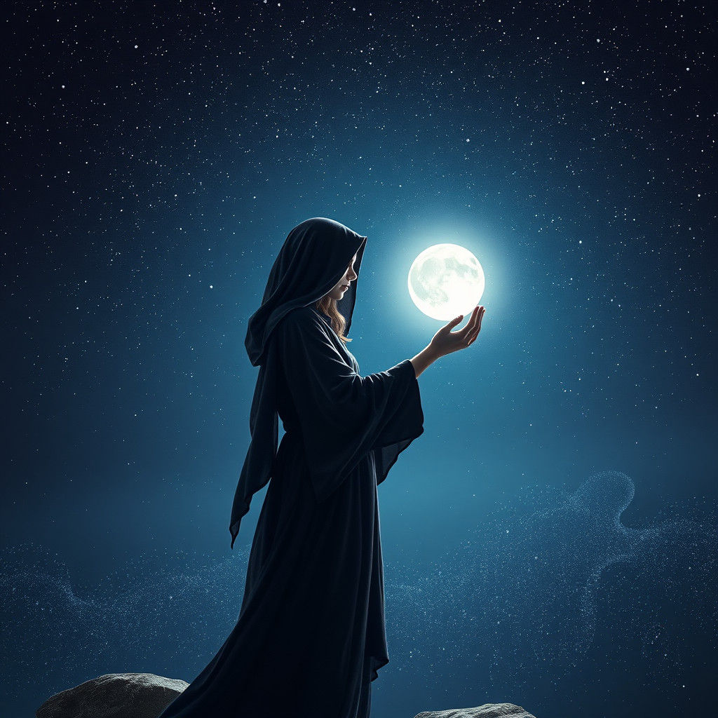 Mystical Summoner Holding a Moon in Starry Night