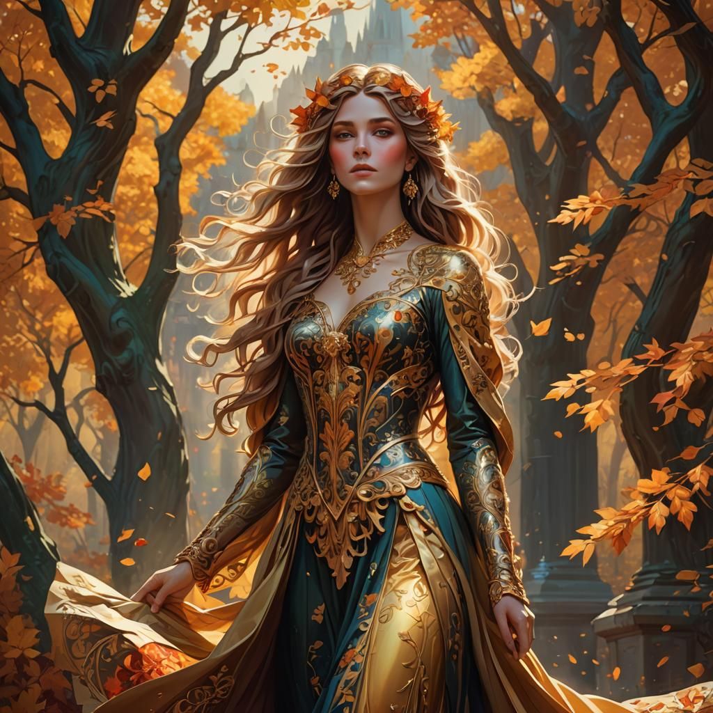 Regal Woman in Autumn Foliage, Art Nouveau Style