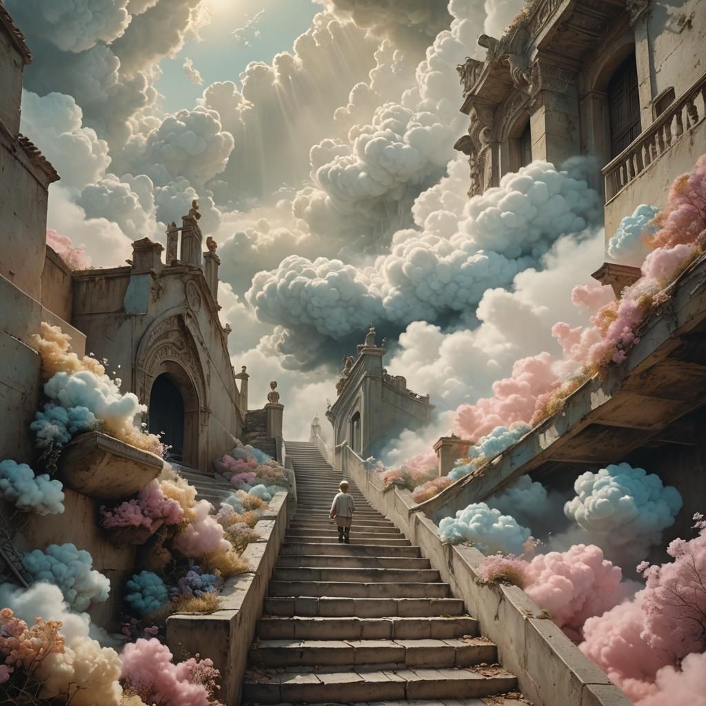 Baby Climbs Stairs to Cloud in Surreal Art