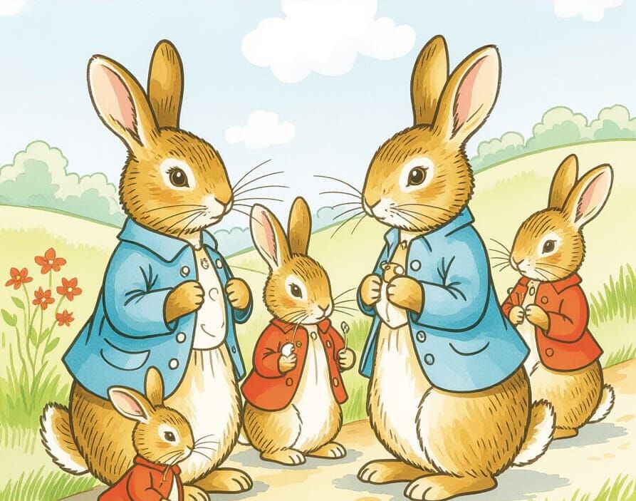 Charming Rabbit Family Illustration in Beatrix Potter Style