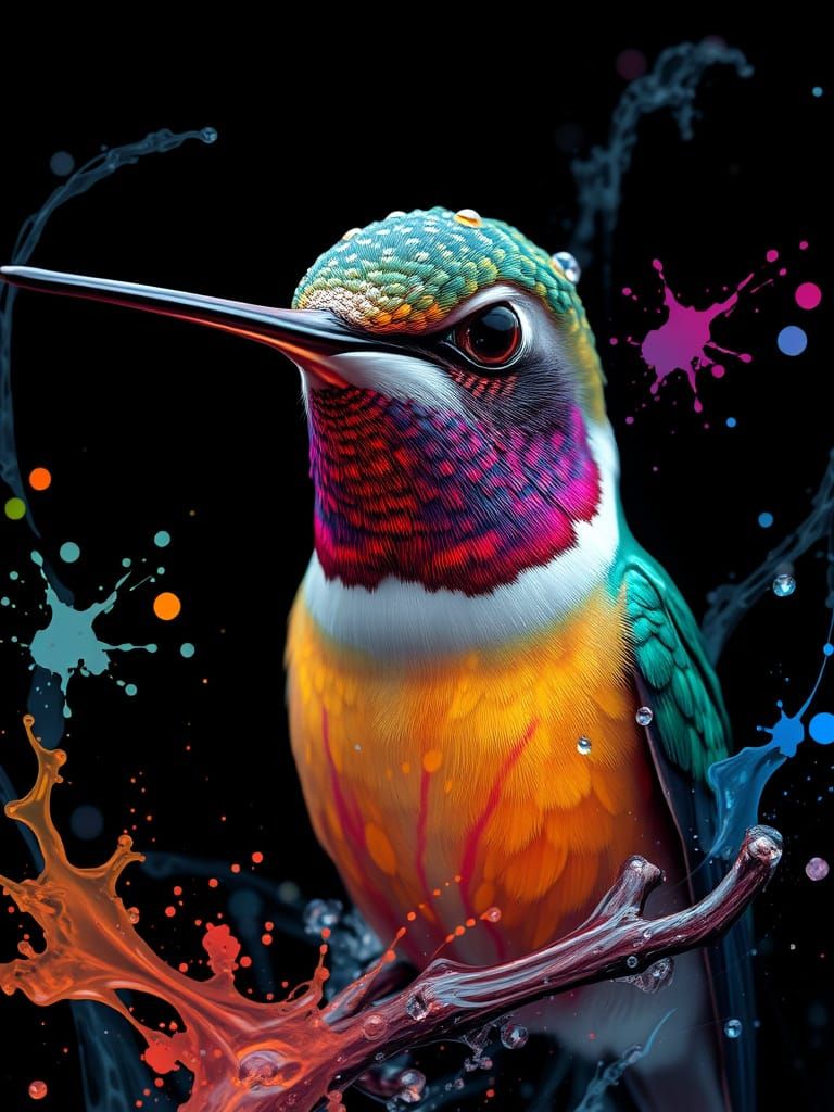 Glowing Hummingbird in Splatter Art with Vibrant Tee-Shirt